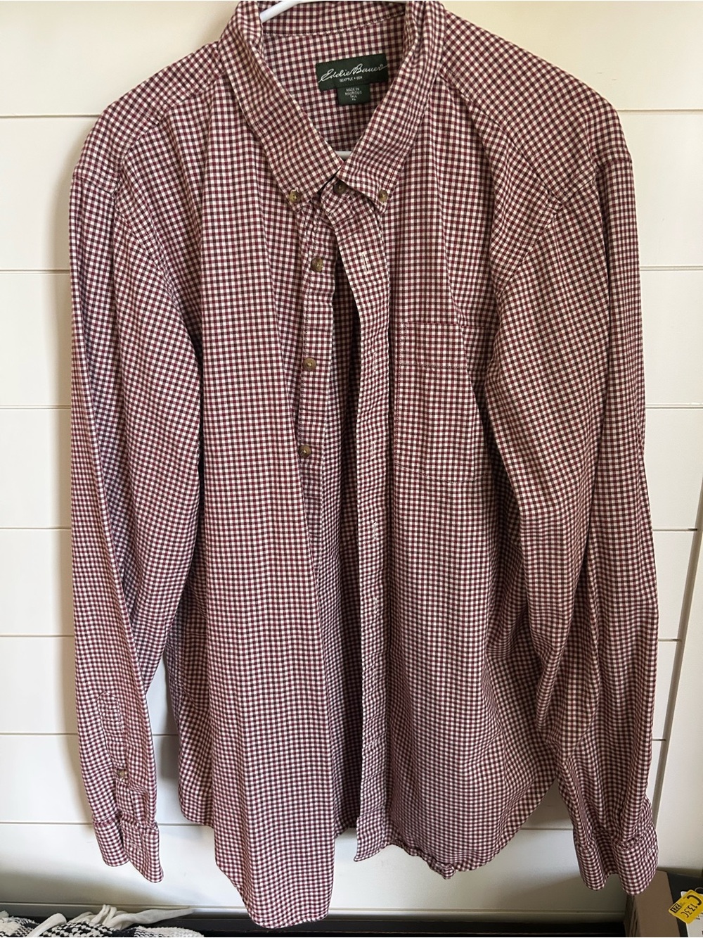 Eddie Bauer Men's Maroon and White Check Button-Down Shirt